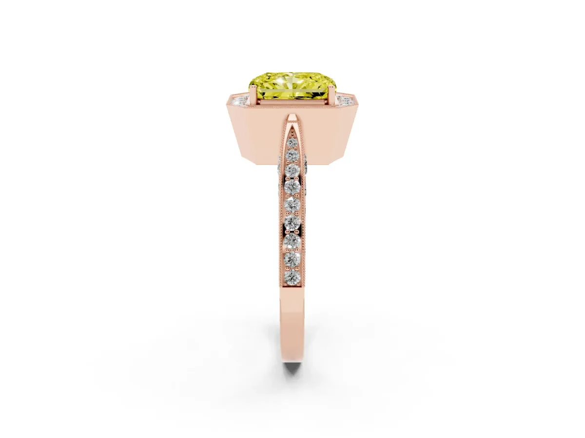 Fancy Yellow Radiant Cut Halo Diamond Engagement Ring with Split Shank Band and Four-Prong Setting Rose gold