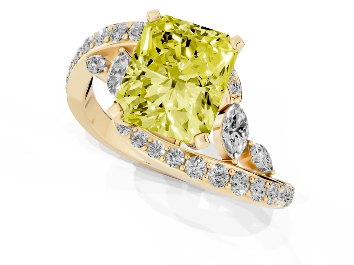 Fancy Yellow Radiant Cut Solitaire with Pavé Twist Band and Four-Prong Setting Yellow gold