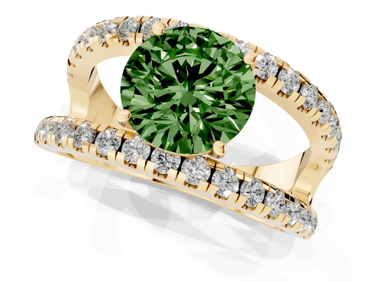 Fancy Green Round Cut Solitaire Split Shank Pave Diamond Ring Yellow gold