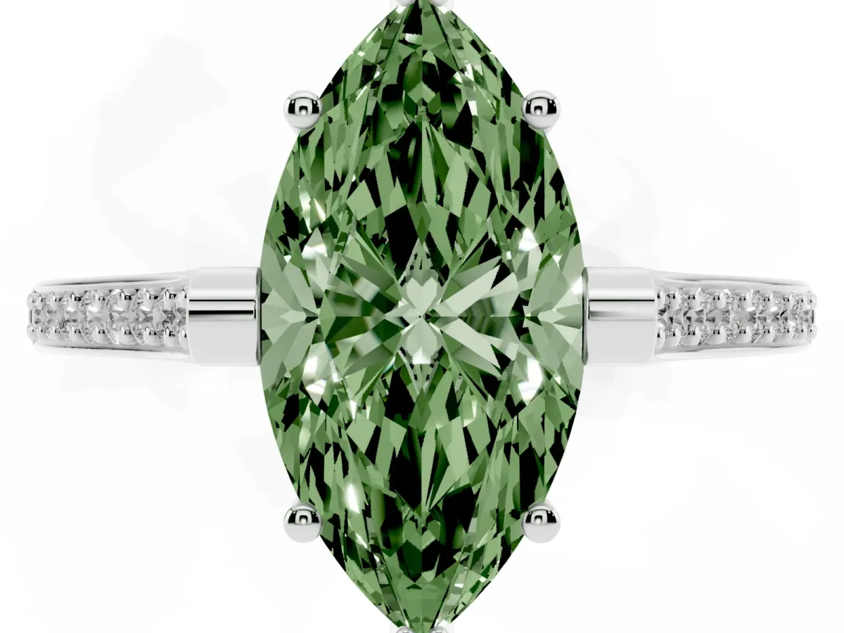 Fancy Green Marquise Cut Solitaire Diamond Ring with Channel Set Band and Bezel Prong Setting White gold
