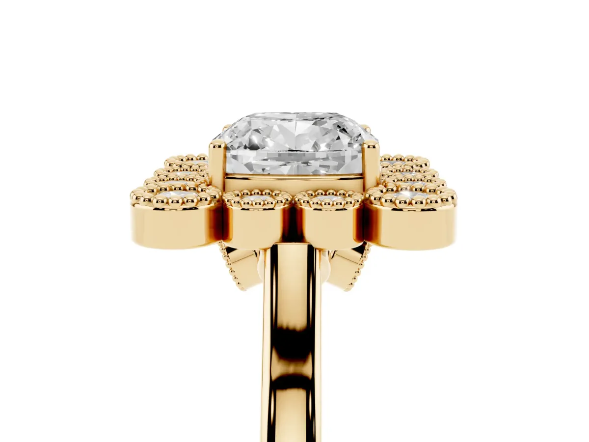 Cushion Cut Halo Diamond Cluster Engagement Ring with Milgrain Bezel Setting and Solitaire Band Yellow gold