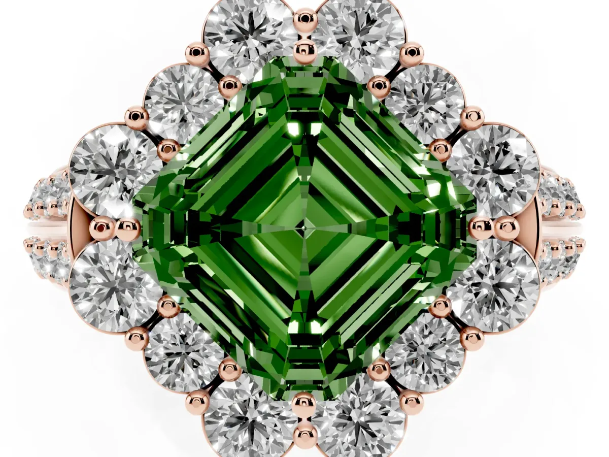 Fancy Green Asscher Cut Halo Diamond Engagement Ring with Split Shank and Prong Setting Rose gold