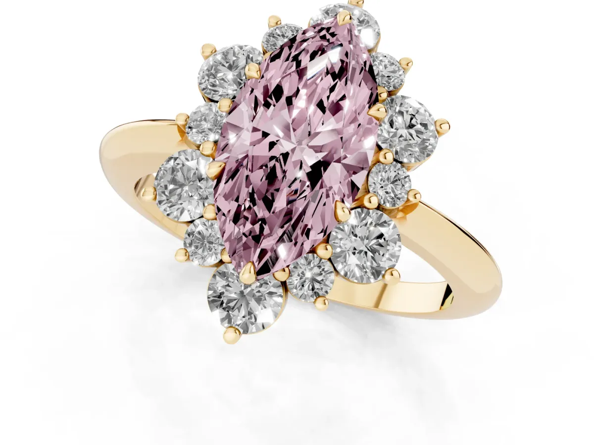 Fancy Pink Marquise Cut Diamond Cluster Halo Ring with Solitaire Band and Four-Prong Setting Yellow gold