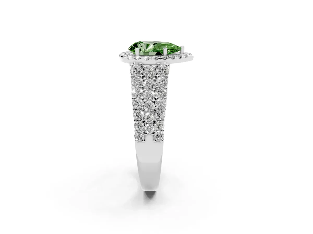 Fancy Green Pear Cut Diamond Halo Engagement Ring with Triple Row Round Pavé Band and Prong Setting Silver