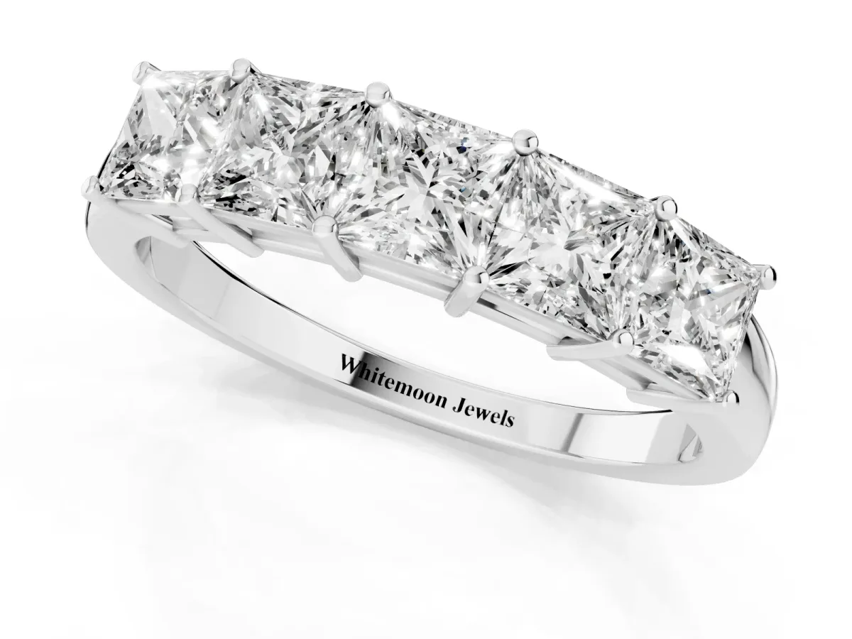 Princess Cut Five-Stone Diamond Band with Prong Setting Silver