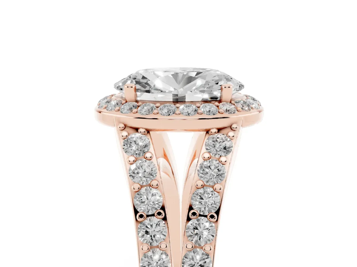 Oval Cut Diamond Split Shank Halo Ring with Four-Prong Setting Rose gold