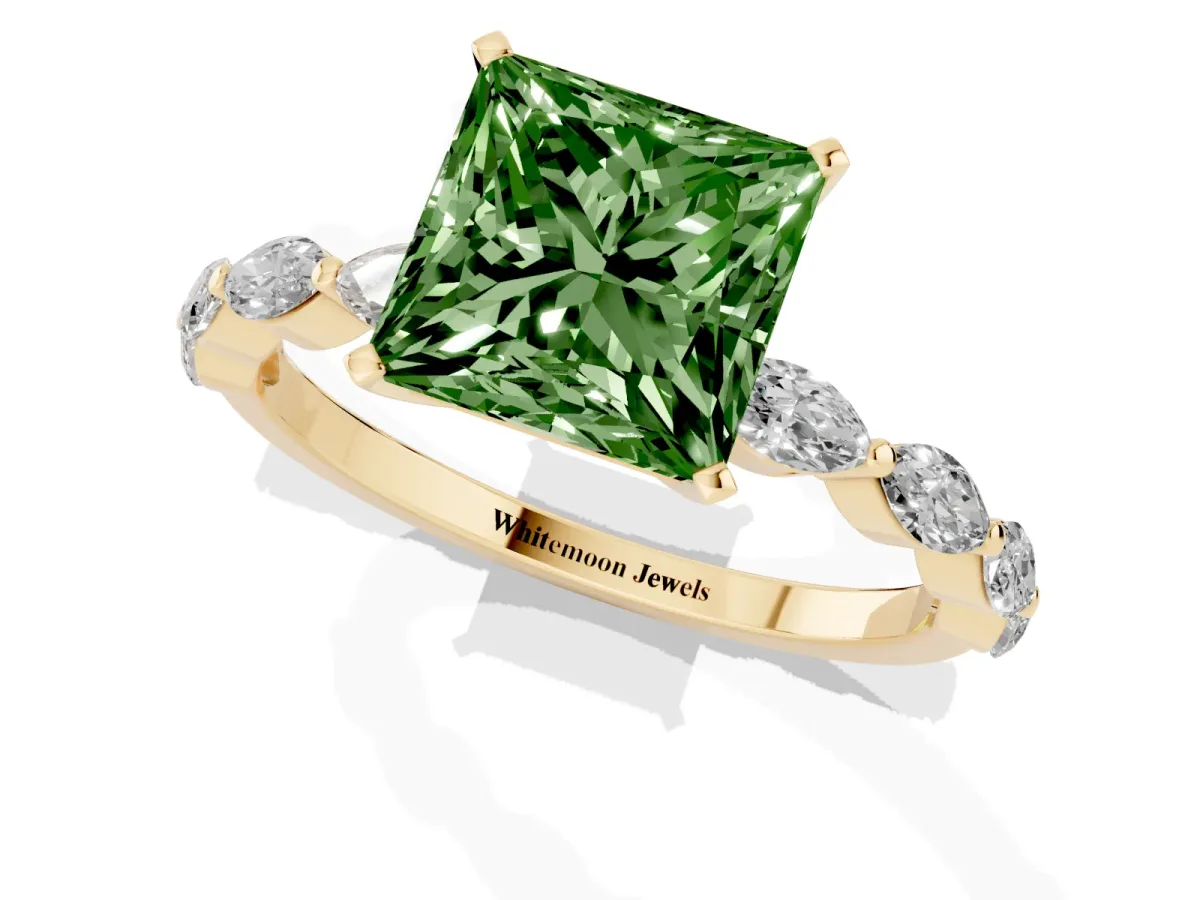 Fancy Green Princess Cut Diamond Ring with Marquise Side Stones and Prong Setting Yellow gold
