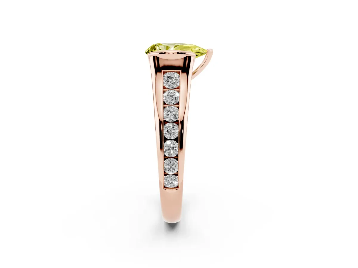 Fancy Yellow Pear Cut Solitaire Bezel-Set Diamond Ring with Channel-Set Band Rose gold