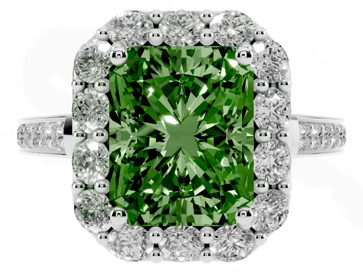 Fancy Green Radiant Cut Diamond Floral Halo Ring with Pavé Band and Prong Setting Silver