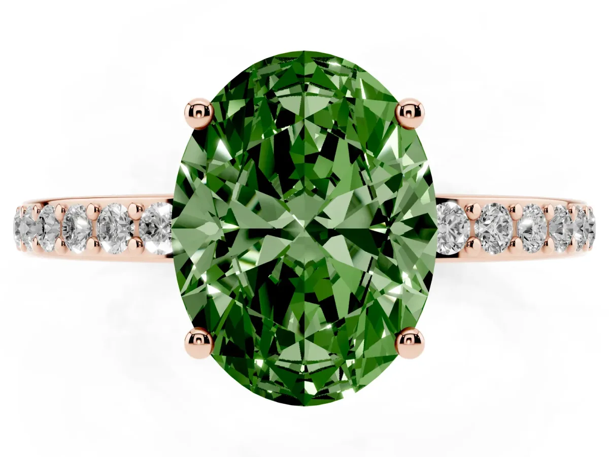 Fancy Green Oval Cut Cut Diamond Pavé Band Ring with Four-Prong Setting Rose gold