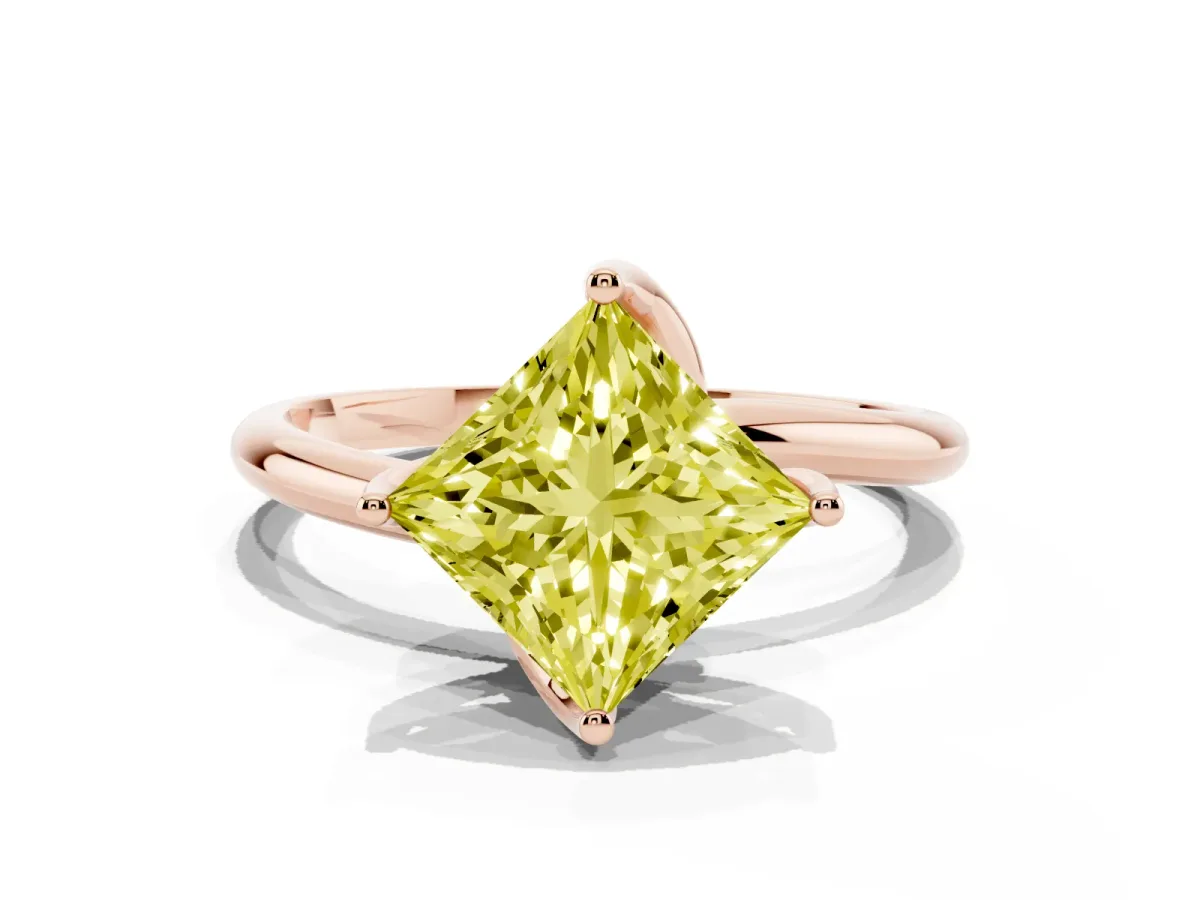 Fancy Yellow Princess Cut Diamond Solitaire Engagement Ring with Four-Prong Setting and Classic Band Rose gold
