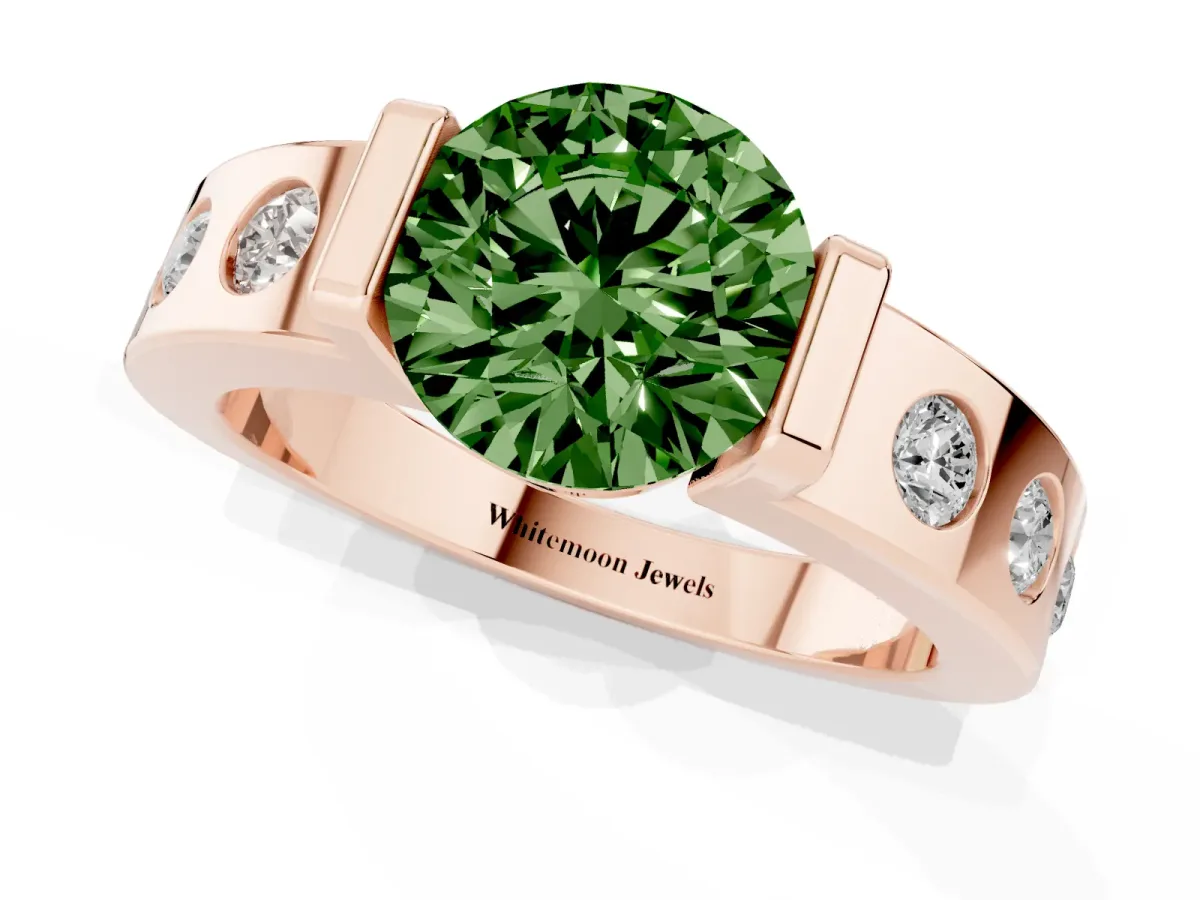 Fancy Green Round Cut Brilliant Channel-Set Diamond Ring with Bezel Prong Setting Rose gold