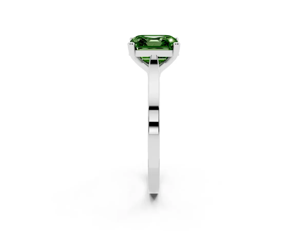 Fancy Green Asscher Cut Solitaire Diamond Ring with Four-Prong Setting and Tapered Band Silver