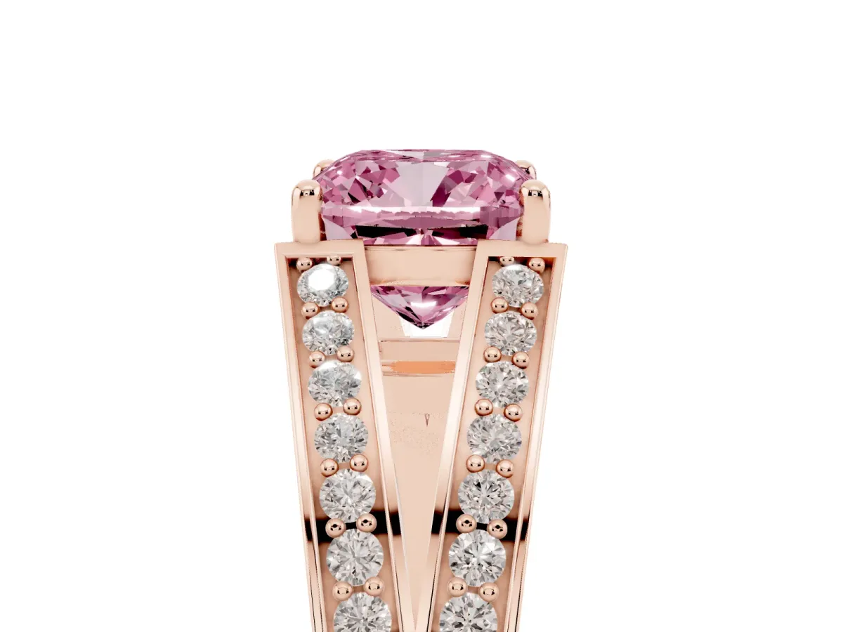 Fancy Pink Cushion Cut Diamond Split Shank Ring with Pavé Band and Four-Prong Setting Rose gold