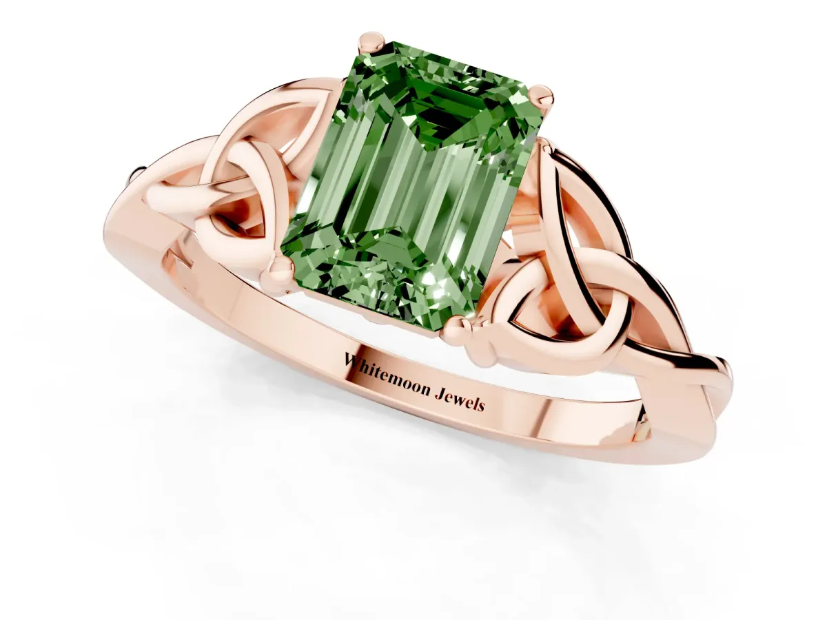 Fancy Green Emerald Cut Diamond Solitaire Engagement Ring with Celtic Knot Band and Four-Prong Setting Rose gold
