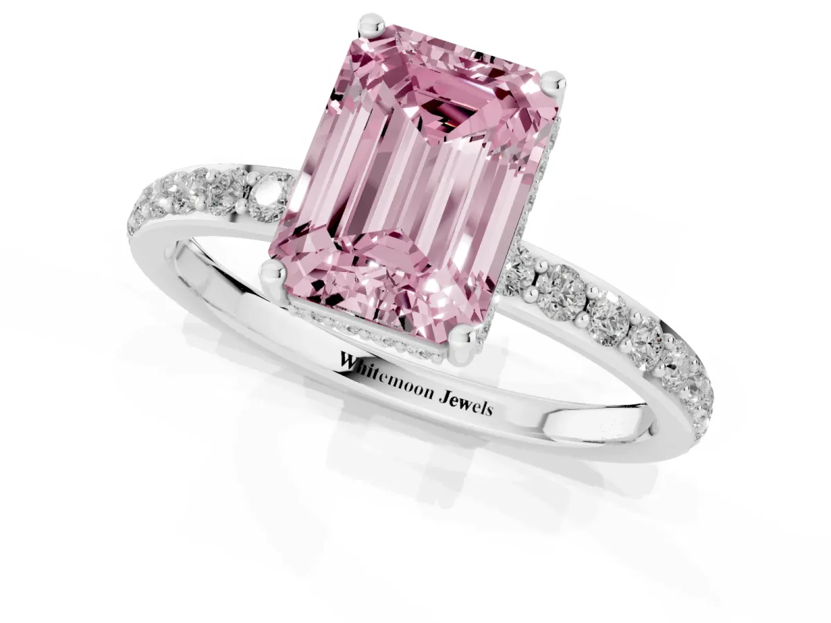 Fancy Pink Emerald Cut Diamond Solitaire Ring with Pavé Band and Hidden Halo Silver