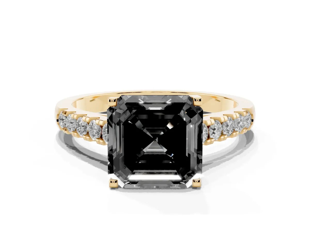 Fancy Black Asscher Cut Diamond Pavé Band Solitaire Ring with Prong Setting Yellow gold