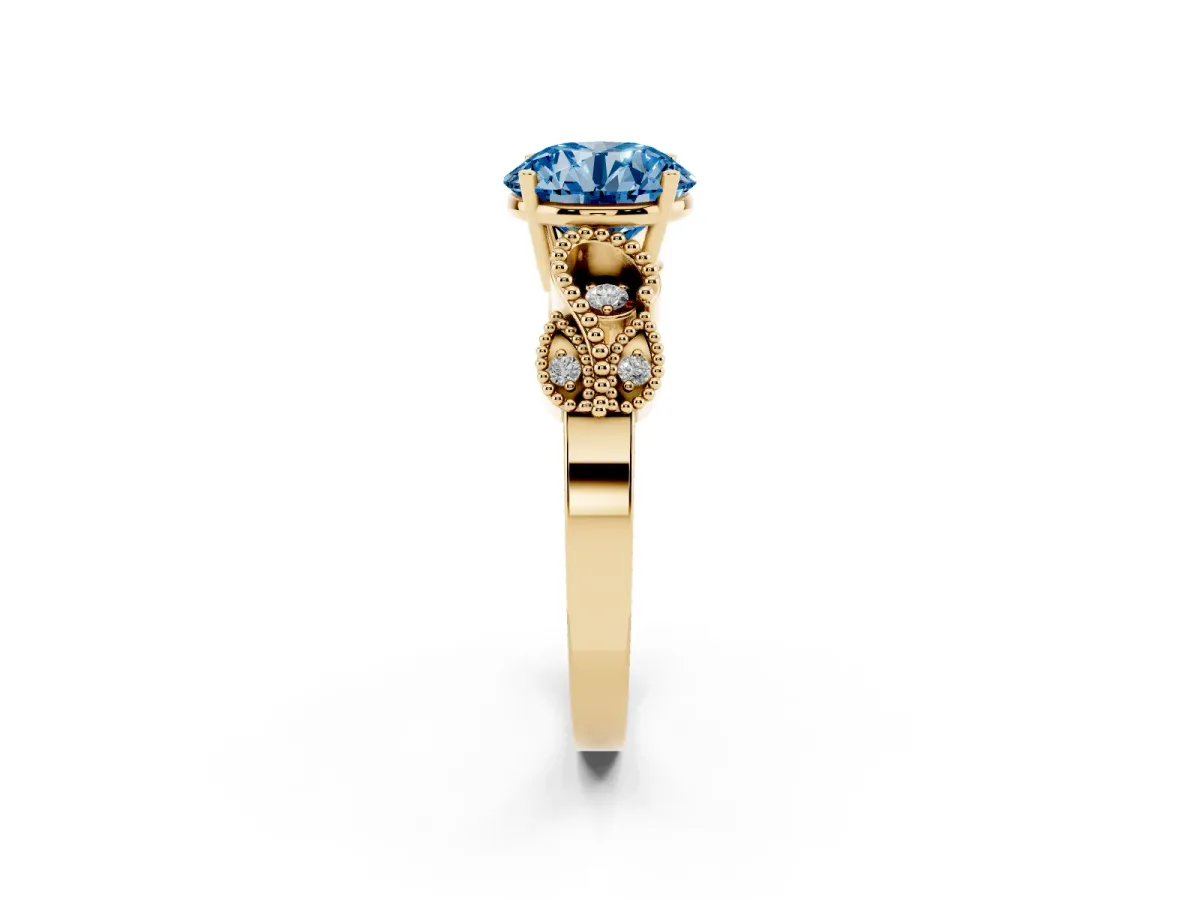 Fancy Blue Round Cut Solitaire Milgrain Leaf Band with Prong Setting Yellow gold