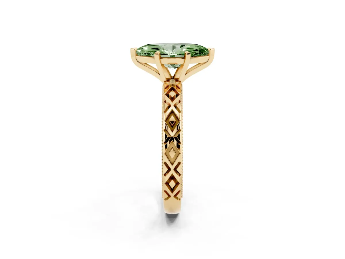 Fancy Green Marquise Cut Solitaire Diamond Ring with Milgrain and Black Enamel X Pattern Band Yellow gold