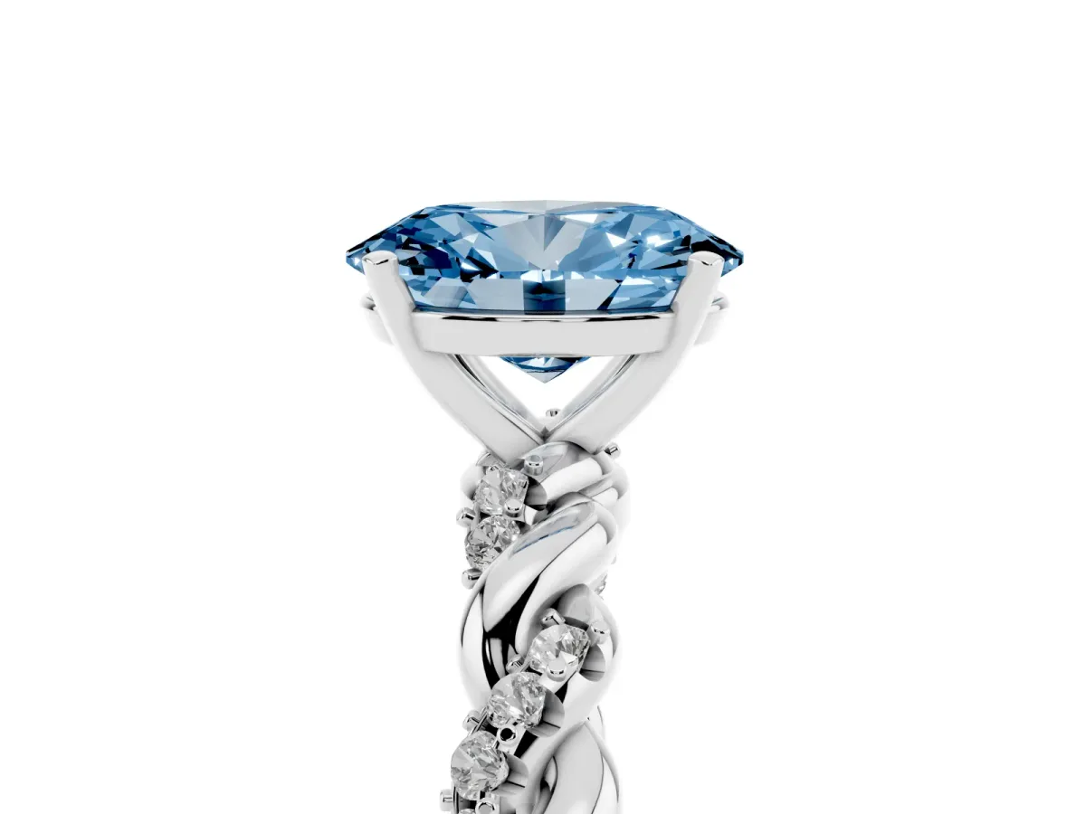 Fancy Blue Oval Cut Diamond Solitaire Ring with Twisted Band and Pavé Accents White gold