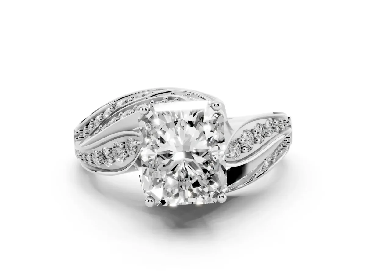 Radiant Cut Diamond Solitaire Ring with Prong Setting and Twisted Pavé Band Silver