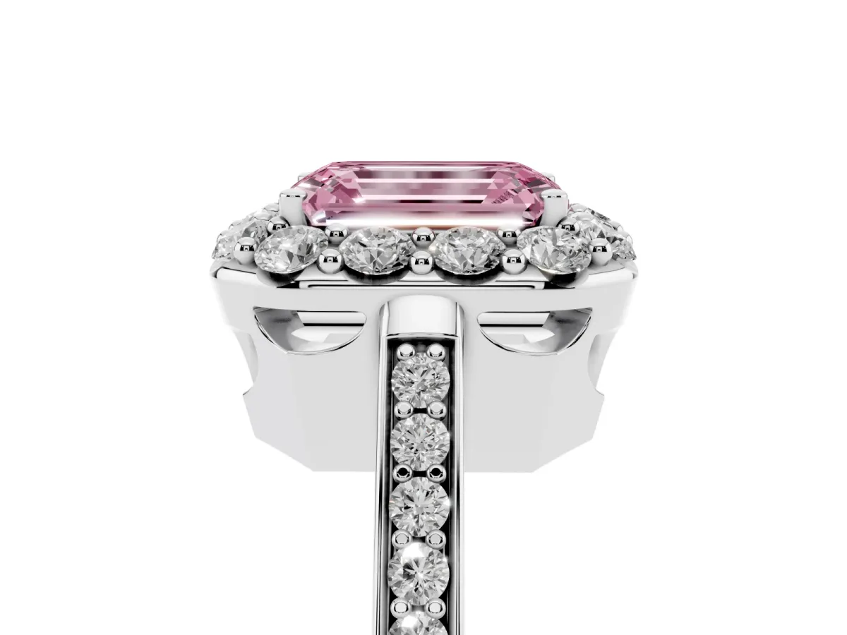 Fancy Pink Emerald Cut Diamond Floral Halo Ring with Pavé Band and Prong Setting Platinum