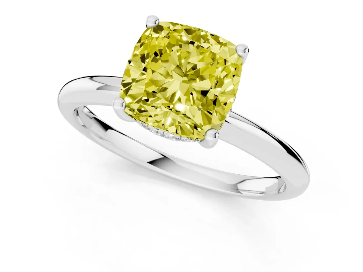 Fancy Yellow Cushion Cut Cut Solitaire Engagement Ring with Four-Prong Setting and Classic Band Silver