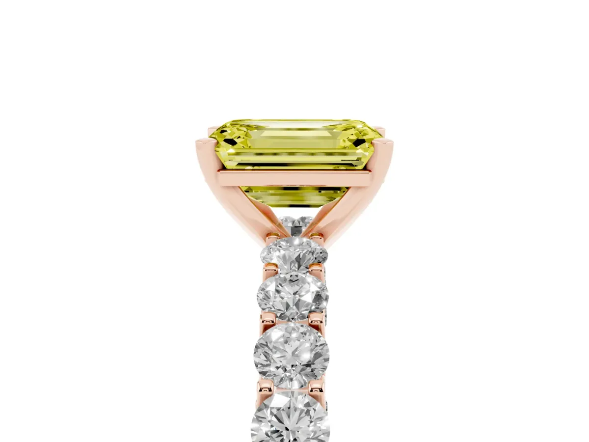 Fancy Yellow Emerald Cut Diamond Solitaire Ring with Shared Prong Pavé Band and Four-Prong Setting Rose gold