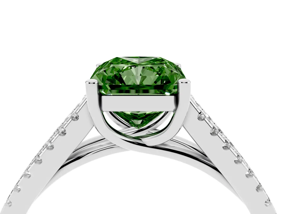 Fancy Green Radiant Cut Diamond Solitaire Engagement Ring with Split Shank Pavé Band Silver
