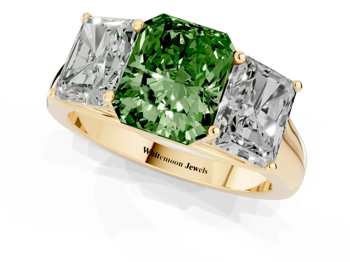 Fancy Green Radiant Cut Three-Stone Diamond Ring with Prong Setting on a Classic Band Yellow gold