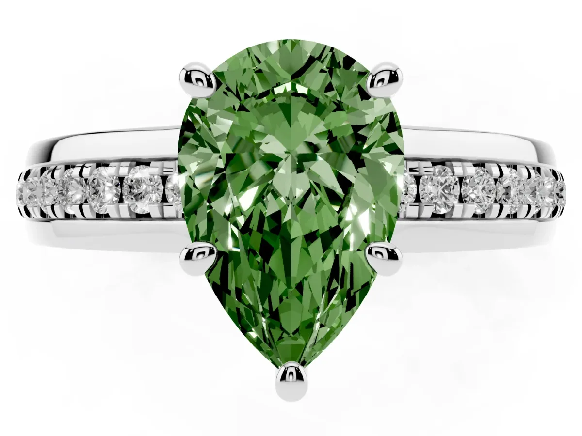 Fancy Green Pear Cut Solitaire Diamond Ring with Channel Set Band and Six-Prong Setting Silver