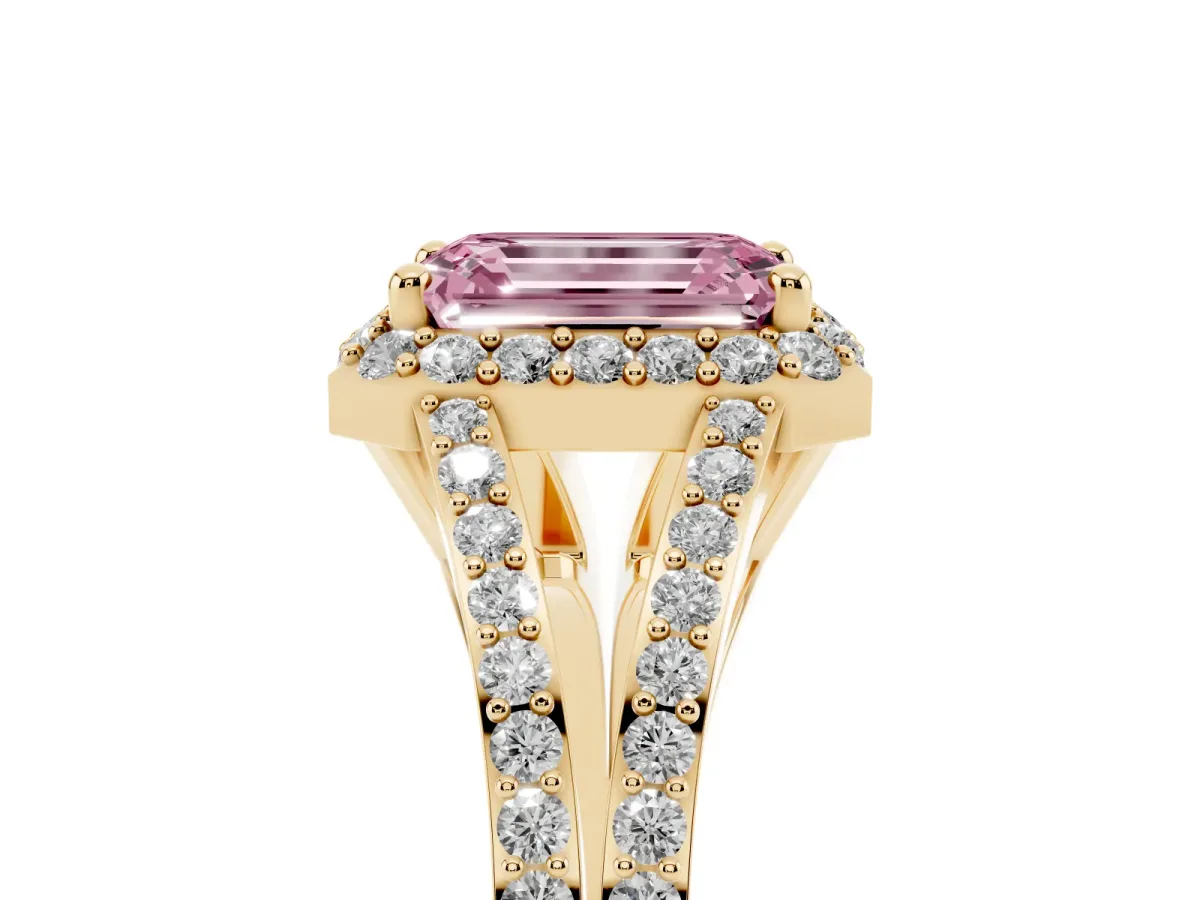 Fancy Pink Emerald Cut Halo Split Shank Diamond Ring with Prong Setting Yellow gold