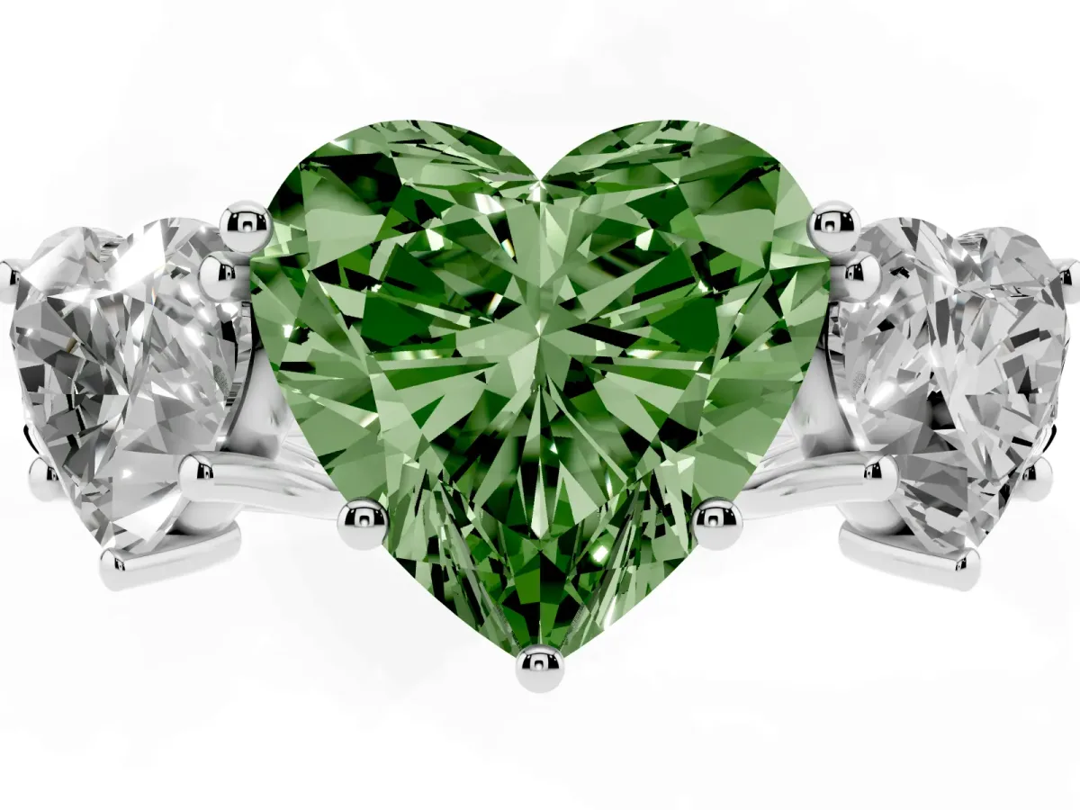 Fancy Green Three-Stone Heart Cut Diamond Pavé Band with Prong Setting Silver