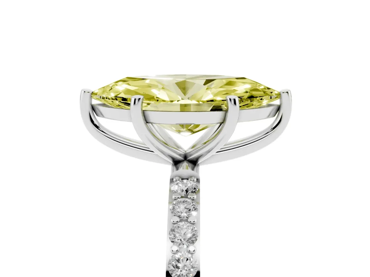 Fancy Yellow Marquise Cut Diamond Solitaire Ring with Round Pavé Shoulders and Prong Setting Silver