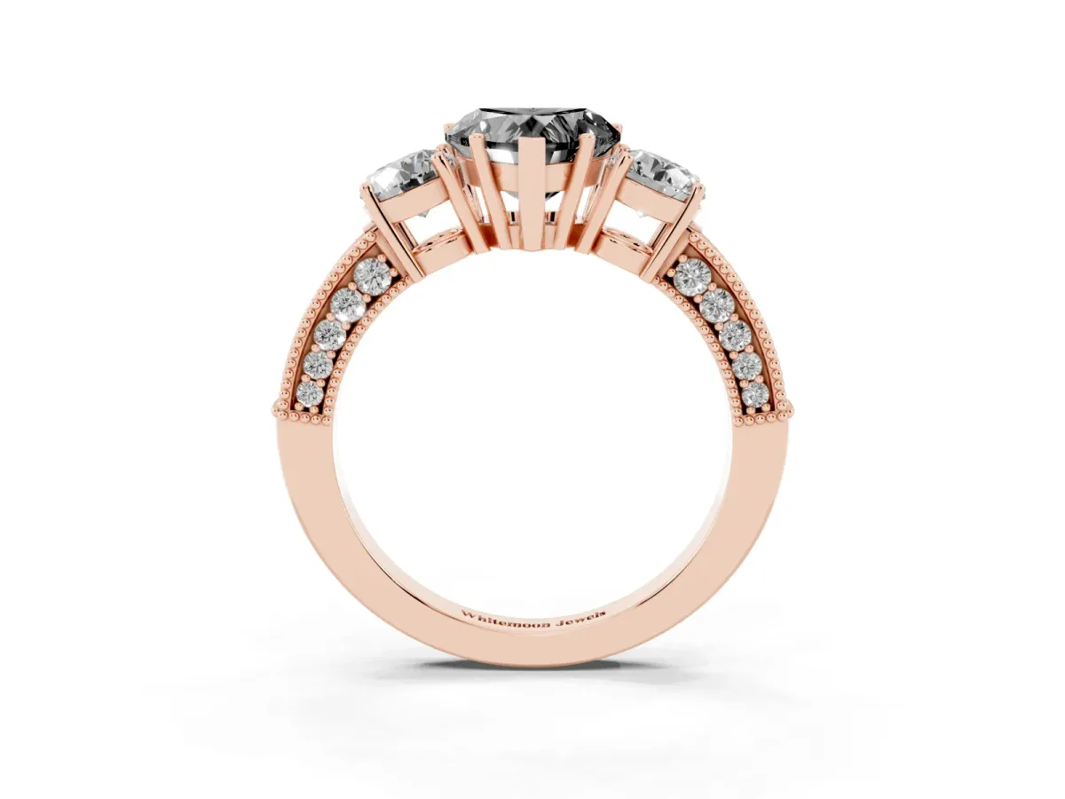 Fancy Black Heart Cut Three-Stone Diamond Ring with Pavé Band and Four-Prong Setting Rose gold