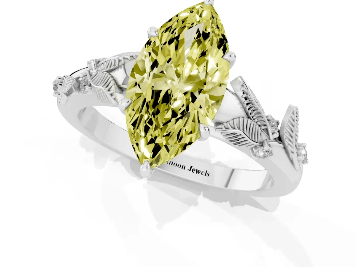 Fancy Yellow Marquise Cut Diamond Solitaire Ring with Leaf Motif Band and Four-Prong Setting Silver