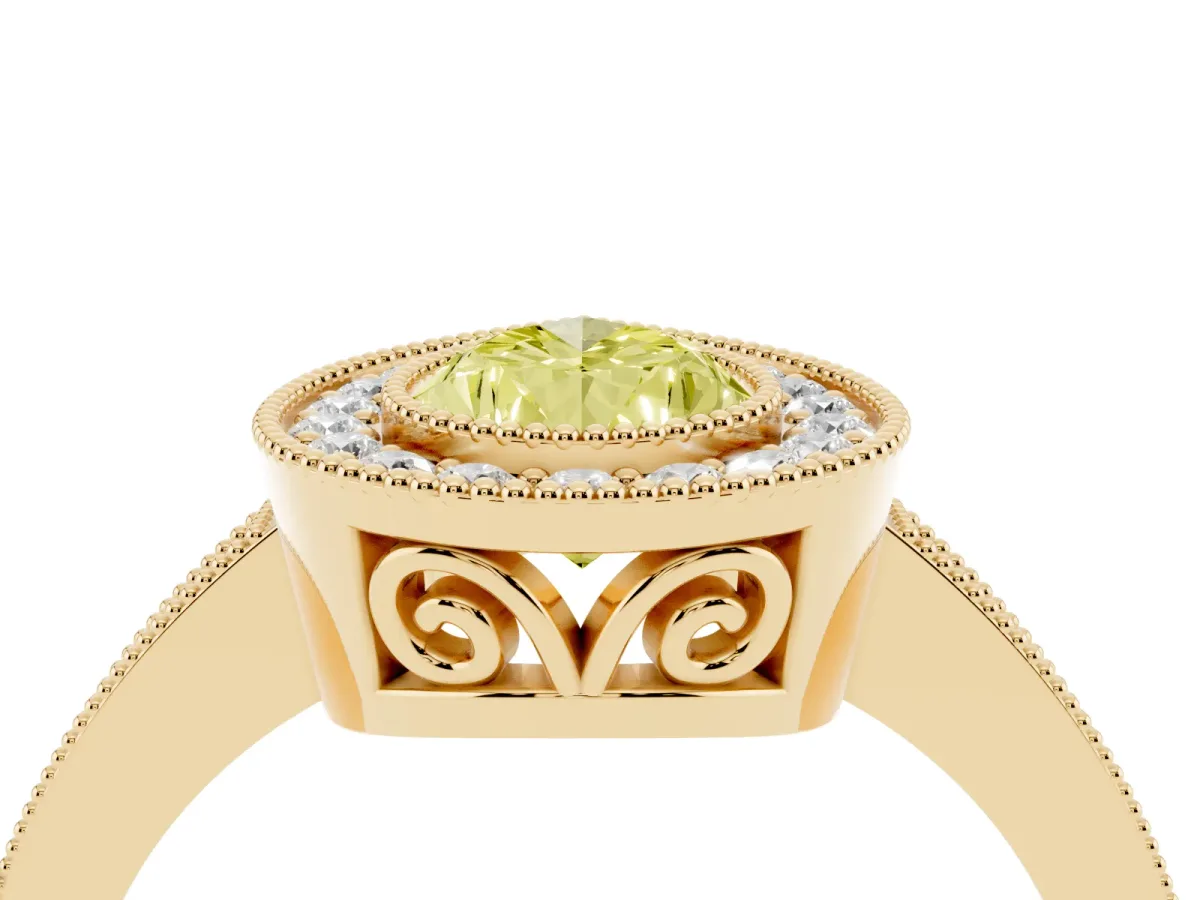 Fancy Yellow Pear Cut Cut Halo Diamond Ring with Pavé Band and Milgrain Prong Setting Yellow gold