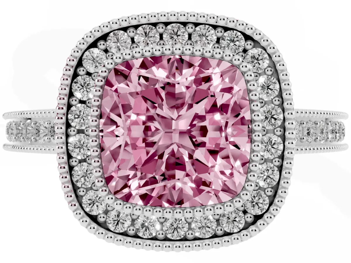 Fancy Pink Cushion Cut Cut Halo Diamond Ring with Pavé Band and Milgrain Prong Setting Platinum