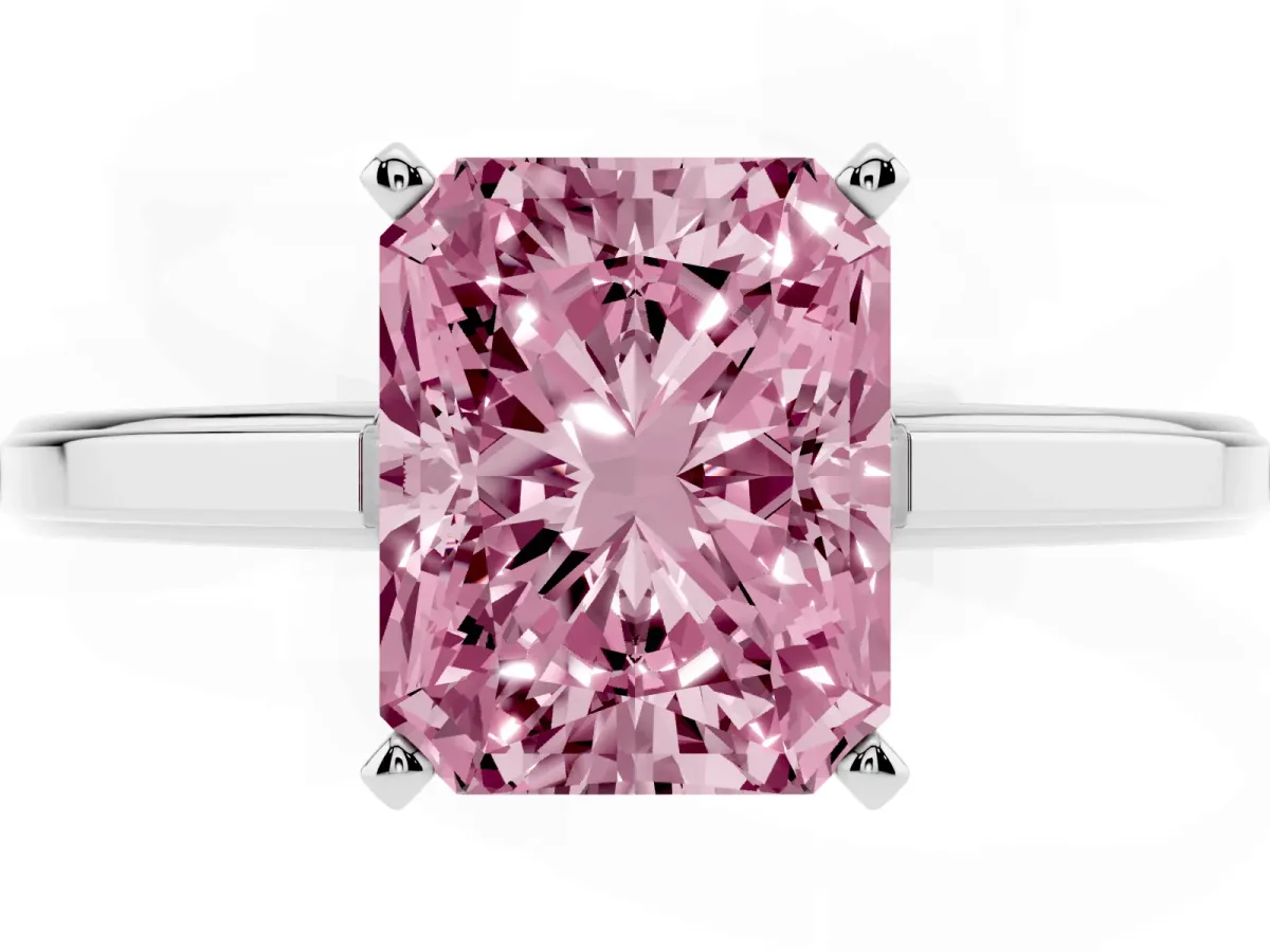 Fancy Pink Radiant Cut Solitaire Diamond Ring with Four-Prong Setting and Classic Band Silver