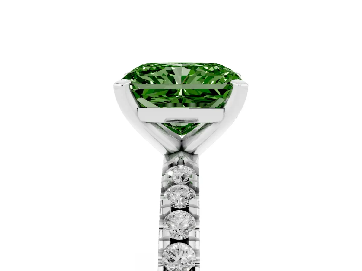 Fancy Green Radiant Cut Diamond Pavé Band Solitaire with Four-Prong Setting Silver
