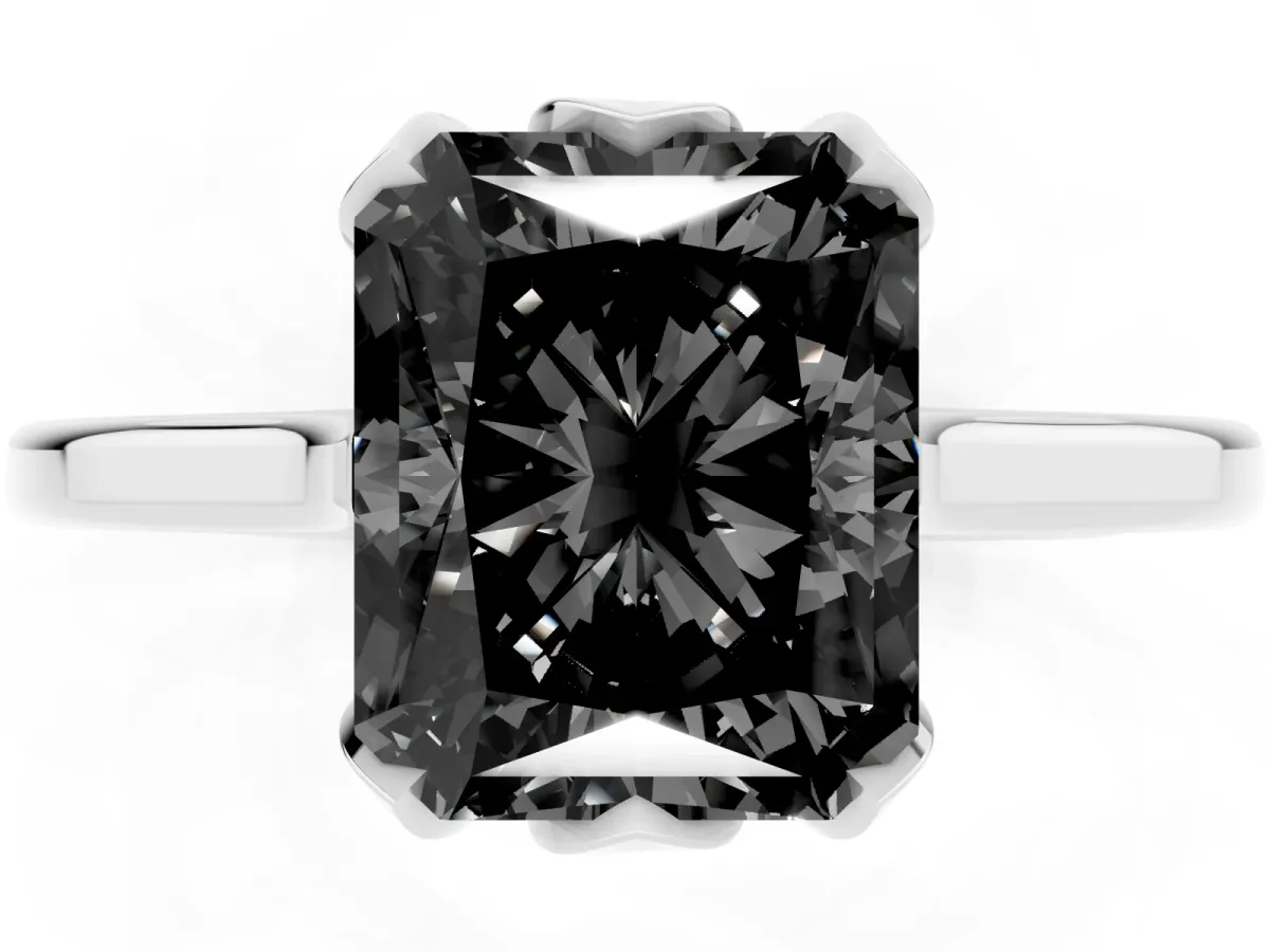 Fancy Black Radiant Cut Diamond Solitaire Ring with Flower Prong Setting and Classic Band Silver