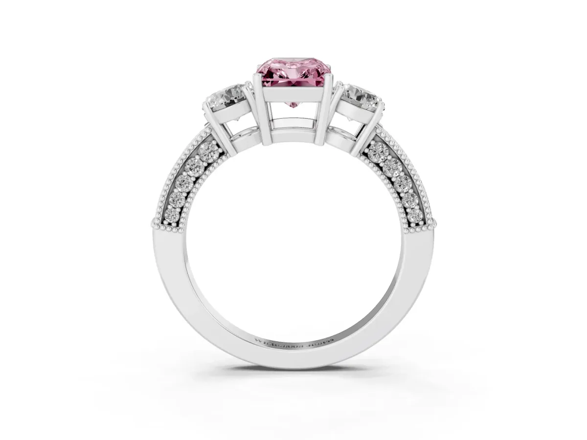 Fancy Pink Radiant Cut Three-Stone Diamond Ring with Pavé Band and Four-Prong Setting Silver