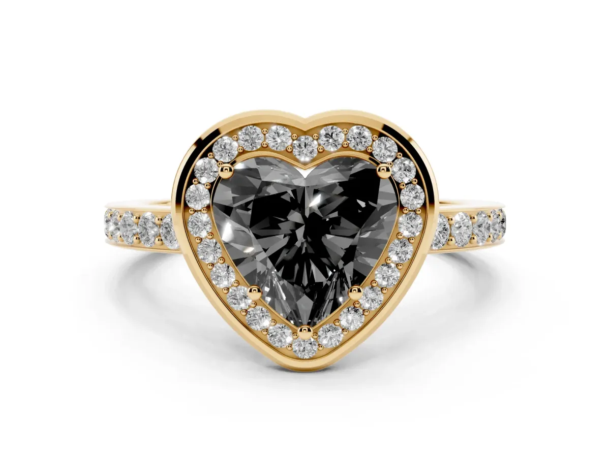 Fancy Black Heart Cut Diamond Halo Ring with Bezel Frame and Pavé Band Yellow gold