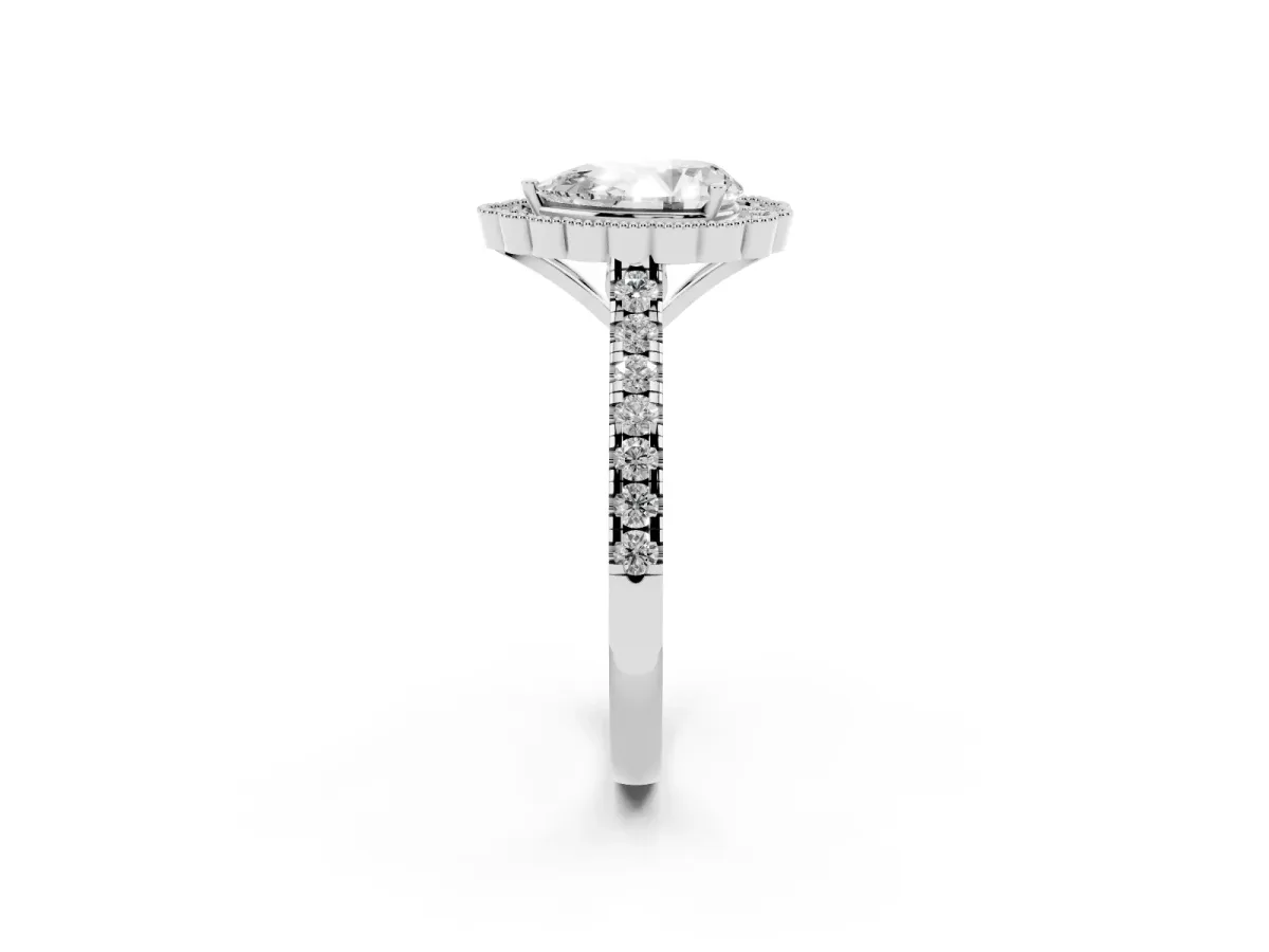 Pear Cut Cut Diamond Milgrain Floral Halo Engagement Ring with Pavé Band Silver