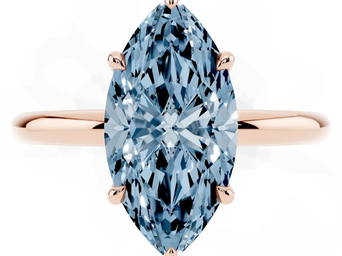 Fancy Blue Marquise Cut Diamond Solitaire Ring with Thin Band and Four-Prong Setting Rose gold