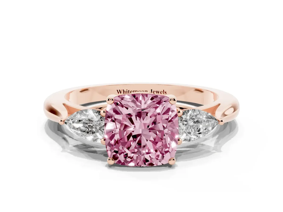 Fancy Pink Cushion Cut Diamond Three-Stone Ring with Pear Side Stones and Prong Setting Rose gold