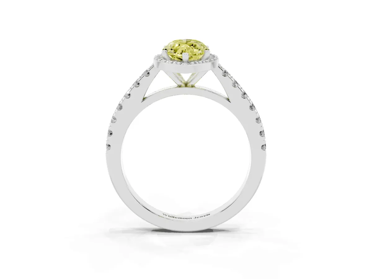 Fancy Yellow Marquise Cut Cut Halo Diamond Engagement Ring with Pave Band and Four-Prong Setting White gold