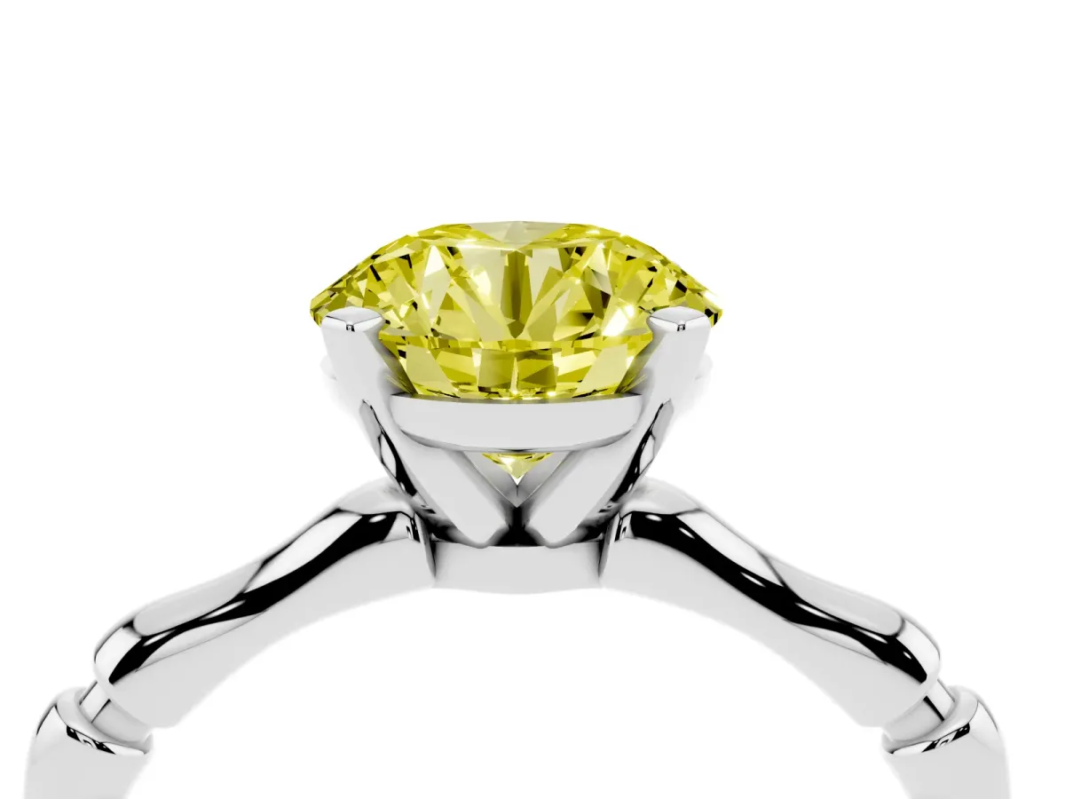 Fancy Yellow Round Cut Solitaire Diamond Ring with Bamboo Band and Four-Prong Setting Silver