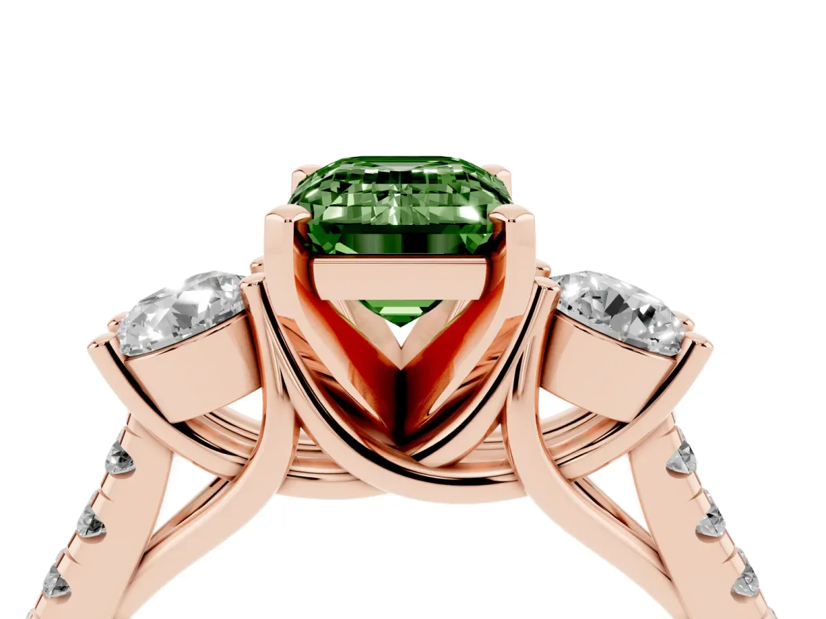 Fancy Green Three-Stone Emerald Cut Diamond Pavé Band with Four-Prong Setting Rose gold