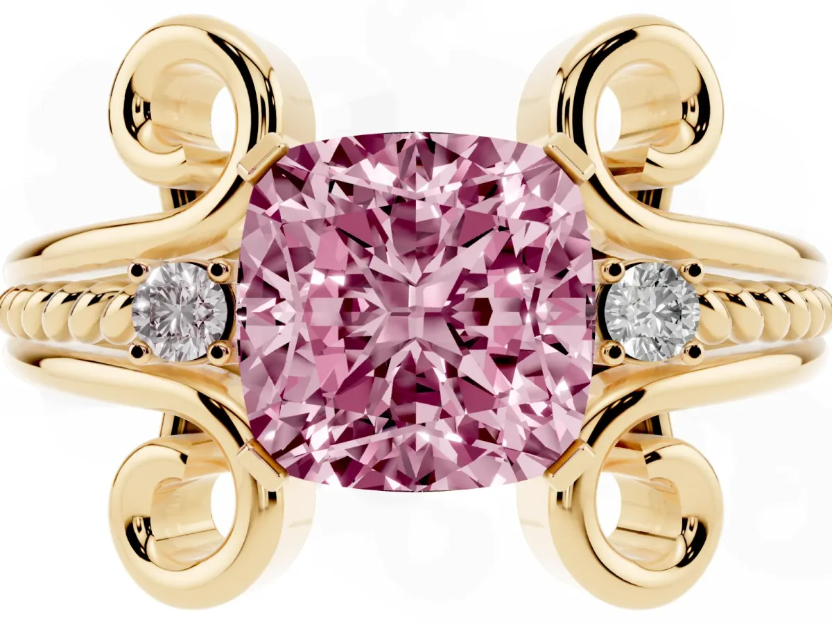 Fancy Pink Cushion Cut Solitaire Twisted Band Scroll Prong Ring Yellow gold